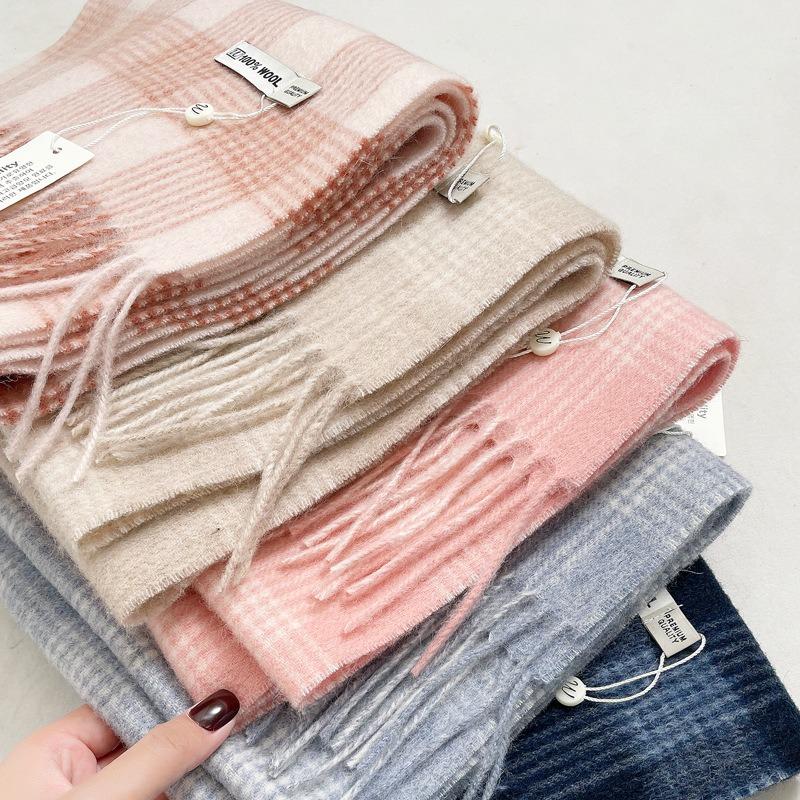 100 wool scarves women's winter cream sweet wind plaid scarves thickened warm fringed scarves