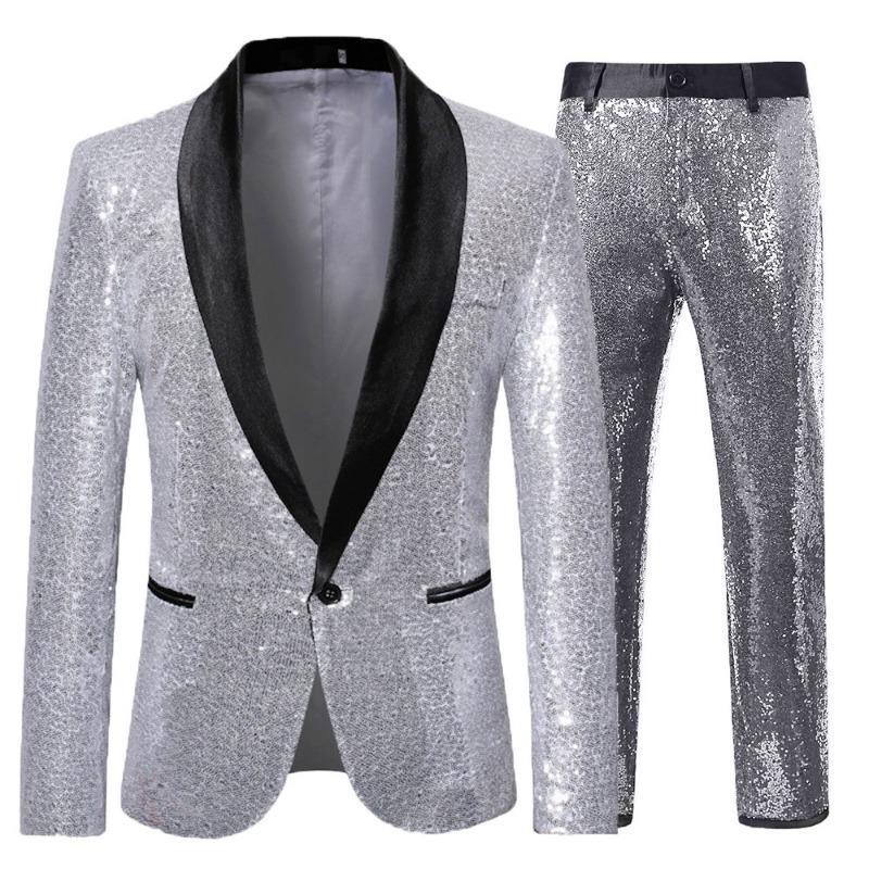 Heren paars pailletten smokingpak zwart satijnen revers 2-delig formeel feest blazer en broek set