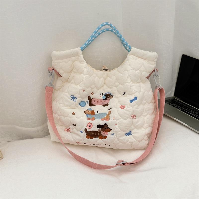 2 Cartoon Embroidery Soft Cute Messenger Bag Large Capacity Shoulder Tote Bag Quilting Cotton Commuter Tote Bag