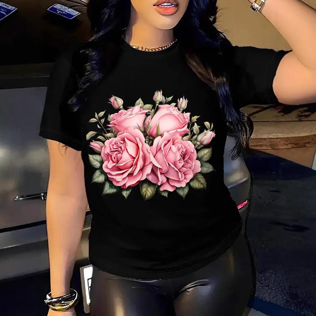 Women's Summer Personalized Rose 3D Printed Short Sleeved Round Neck Summer T-shirt