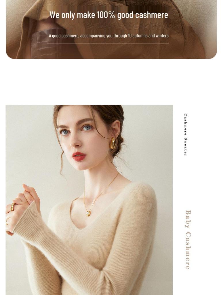 Women's 100% Pure Cashmere V-neck Seamless Ribbed Slim-fit Sweater
