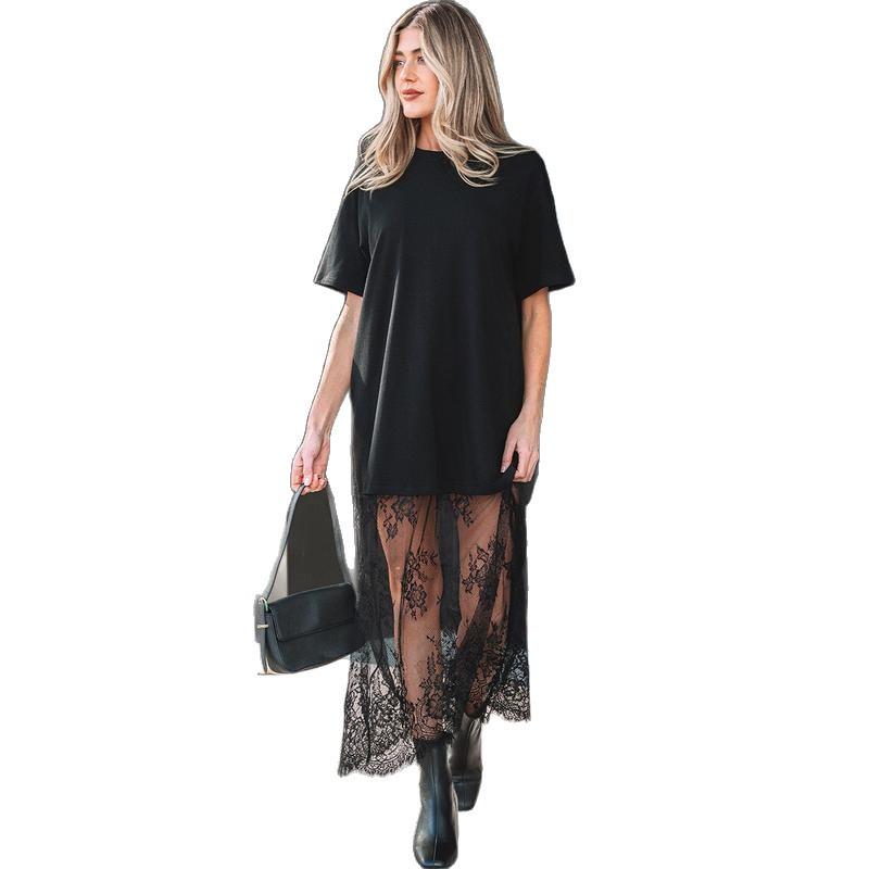 European and American Summer New Casual Solid Color Lace Splicing Dress Women's T-shirt Long Dress