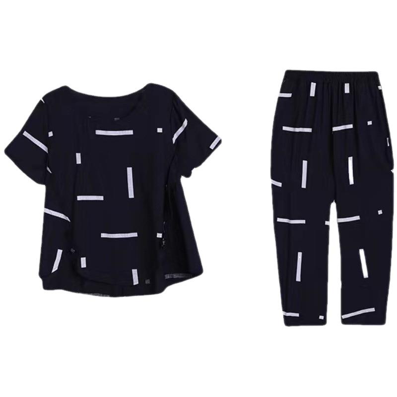 Large Size Casual Suit for Women In Summer for Fat Girls, Loose, Slim, Fashionable and Age-reducing Printed Two-piece Set for Women