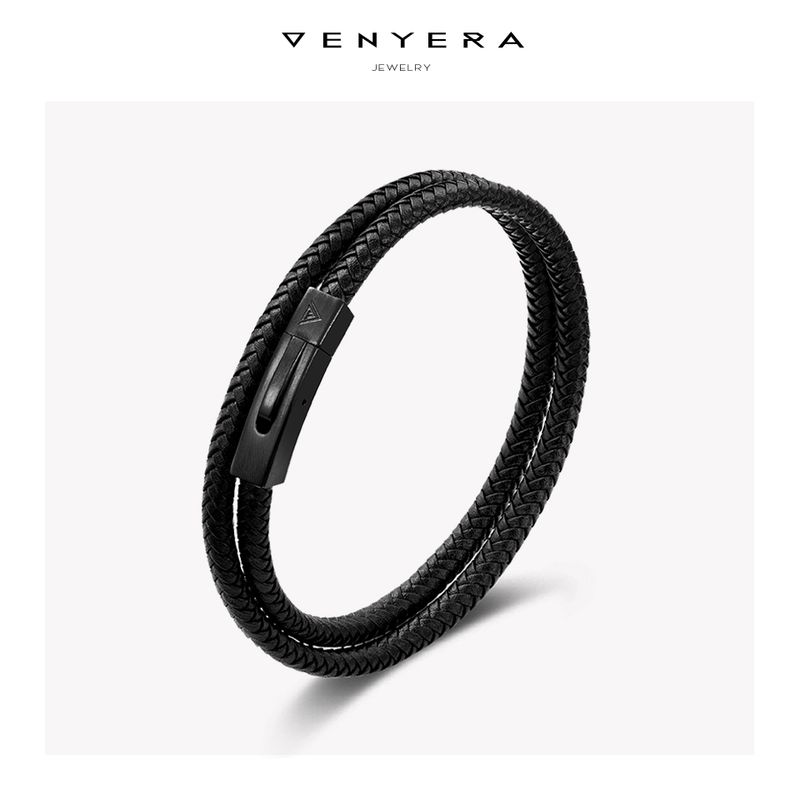 

6 мм Натуральная коровья кожа Бусины удачи Винтажное плетение Натуральная кожа Необычный Минималистичный Подарок для мужчин и женщин Парные браслеты Black-black buckle net hand circumference 15.5cm