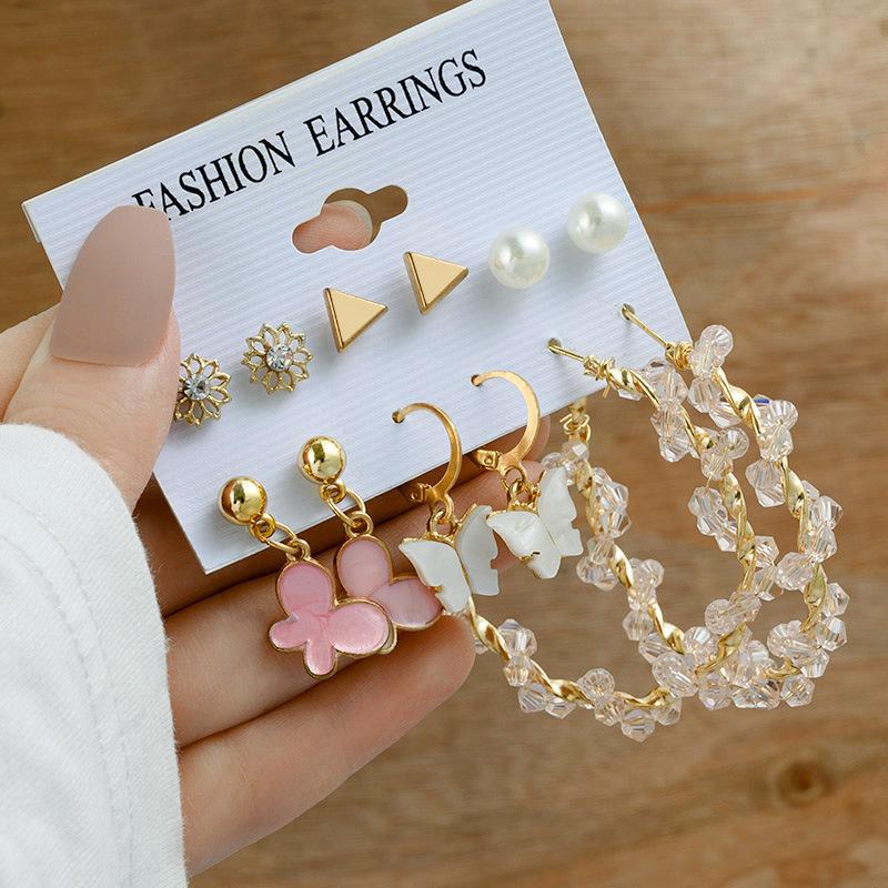 European & American Geometric C-Shaped Hoop Earrings: 6-Piece Gold & Pearl Wire-Wrapped Set for Women