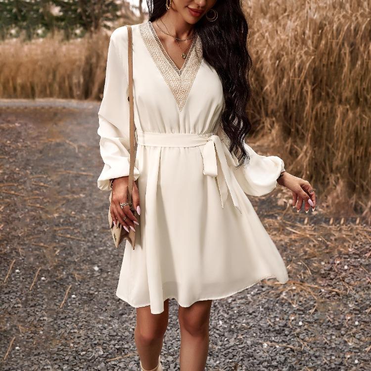 Elegant Women High Waist V Neck Lace Dress Long Sleeve Solid Fashion Mid Length Spring Autumn Dress