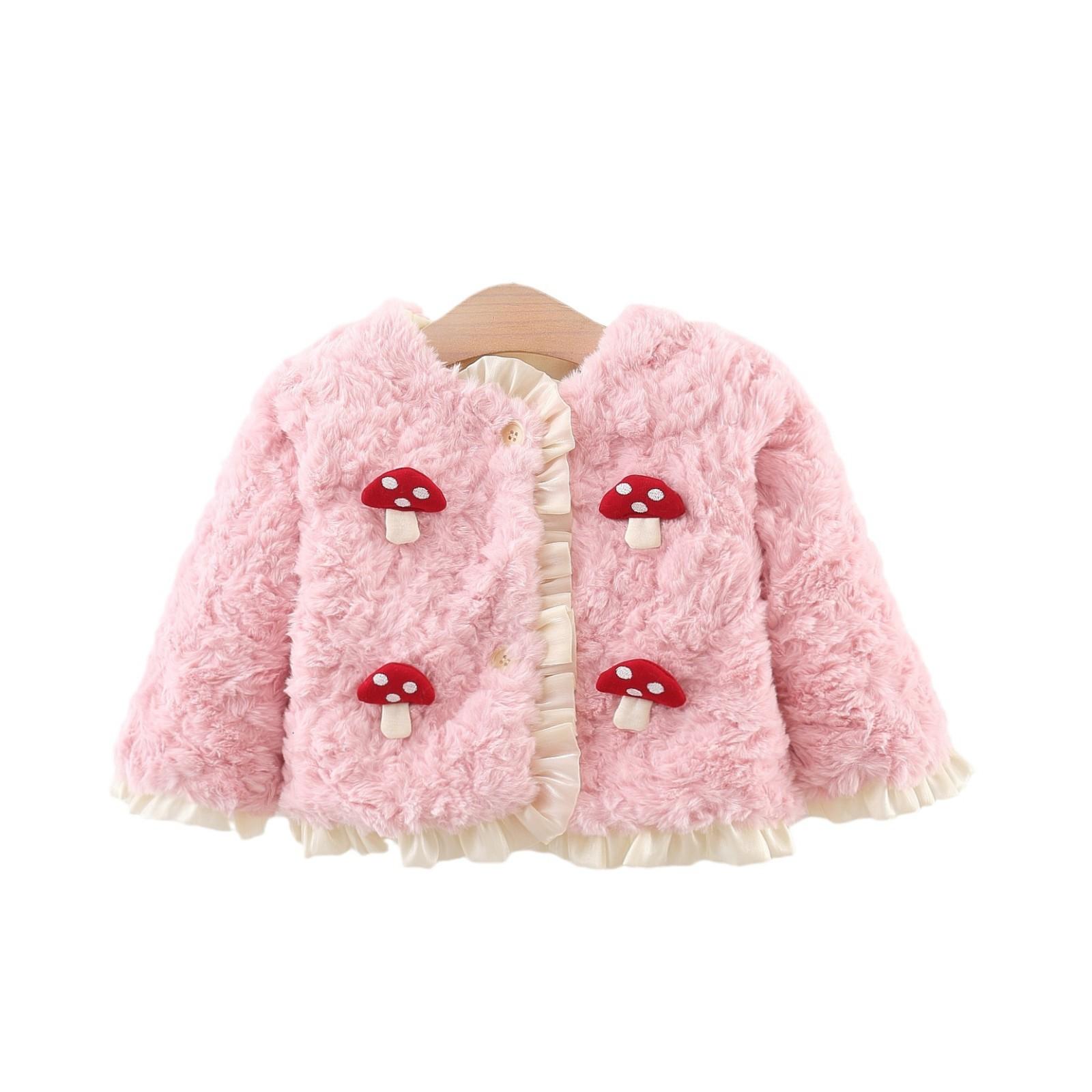 

Пальто для девочек зимнее утолщенное на флисовой подкладке детское кружевное шерстяное джемпер с грибами для девочек детский зимний топ 100cm розовый