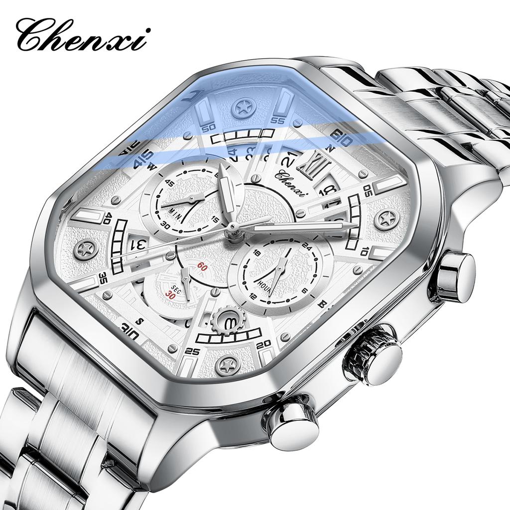 Original CHENXI Watch Fashion Multi-functional Calendar Quartz Luminous Gold Stainless Steel Waterproof Square Watches For Men