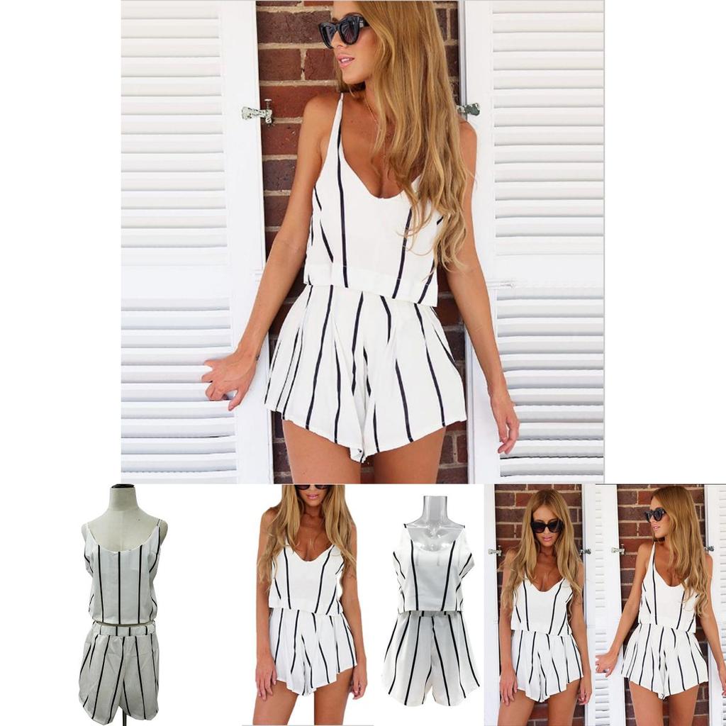 Elegant Striped V-neck Backless Two-piece Outfit Suits For Women In Summer