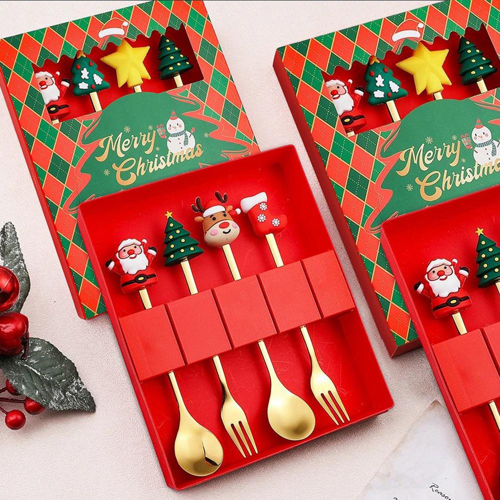 Xmas Tree Dessert Spoon Set Stainless Steel Holiday Coffee Spoon Fruit Fork Mini Cutlery Gift Christmas Present Party Favor