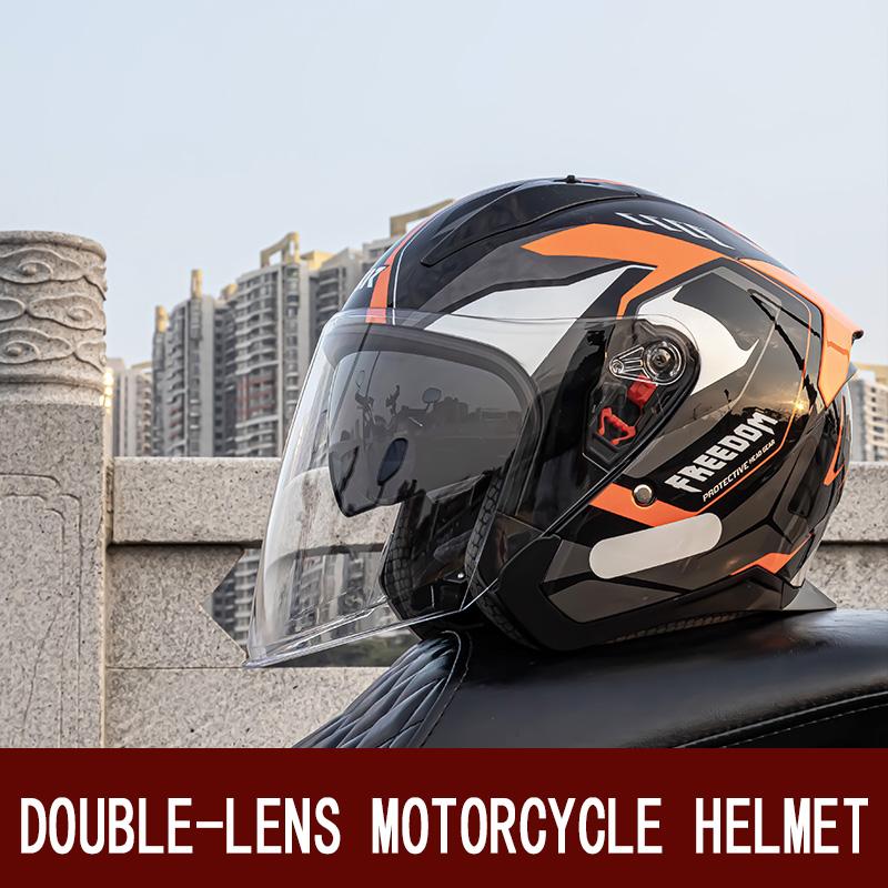 Motorcycle Helmet Warm Retro Cruise 3/4 Helmet Unisex Double Lens Half Helmet Motorcycle Sun Helmet.