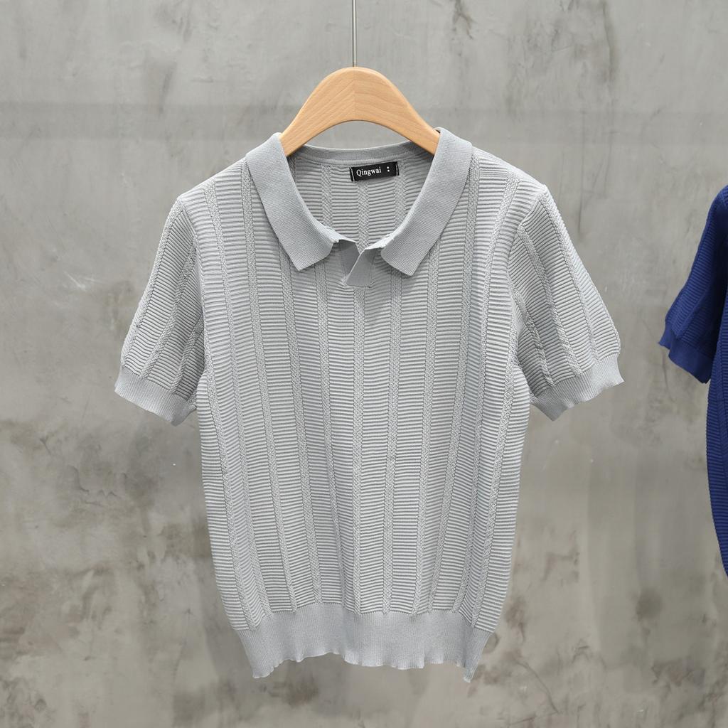 Summer Men's Business Casual Lapel Short Sleeve Knitted Solid Color POLO Shirt