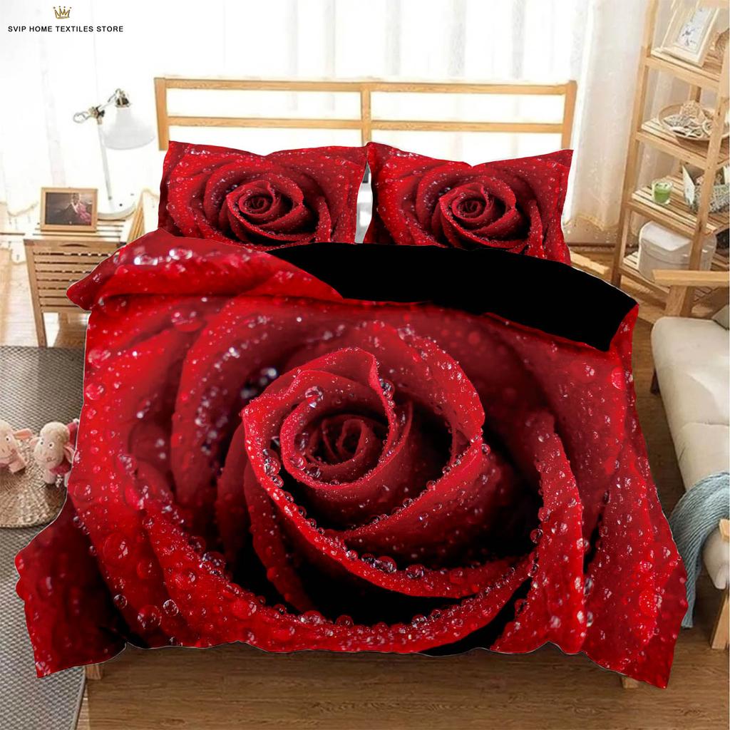 Set de lenjerie de pat cu husă de pilotă cu imprimeu retro roșu trandafir inimă de Ziua Îndrăgostiților, textile, husă de pilotă, față de pernă, lavabil la mașină, 3 piese