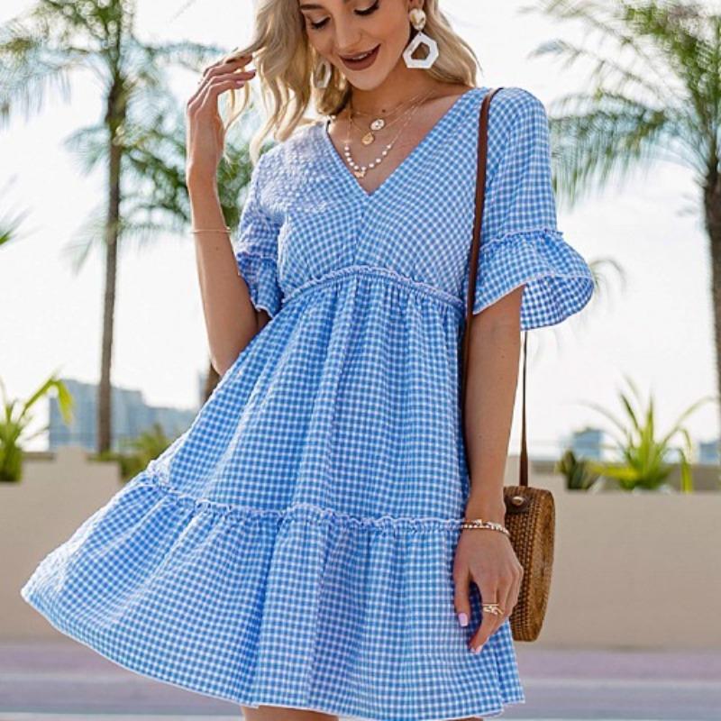 JKASHDK Women's Fashion Summer Spring Plaid Print Short Sleeve V-Neck High Waist Casual Dresses