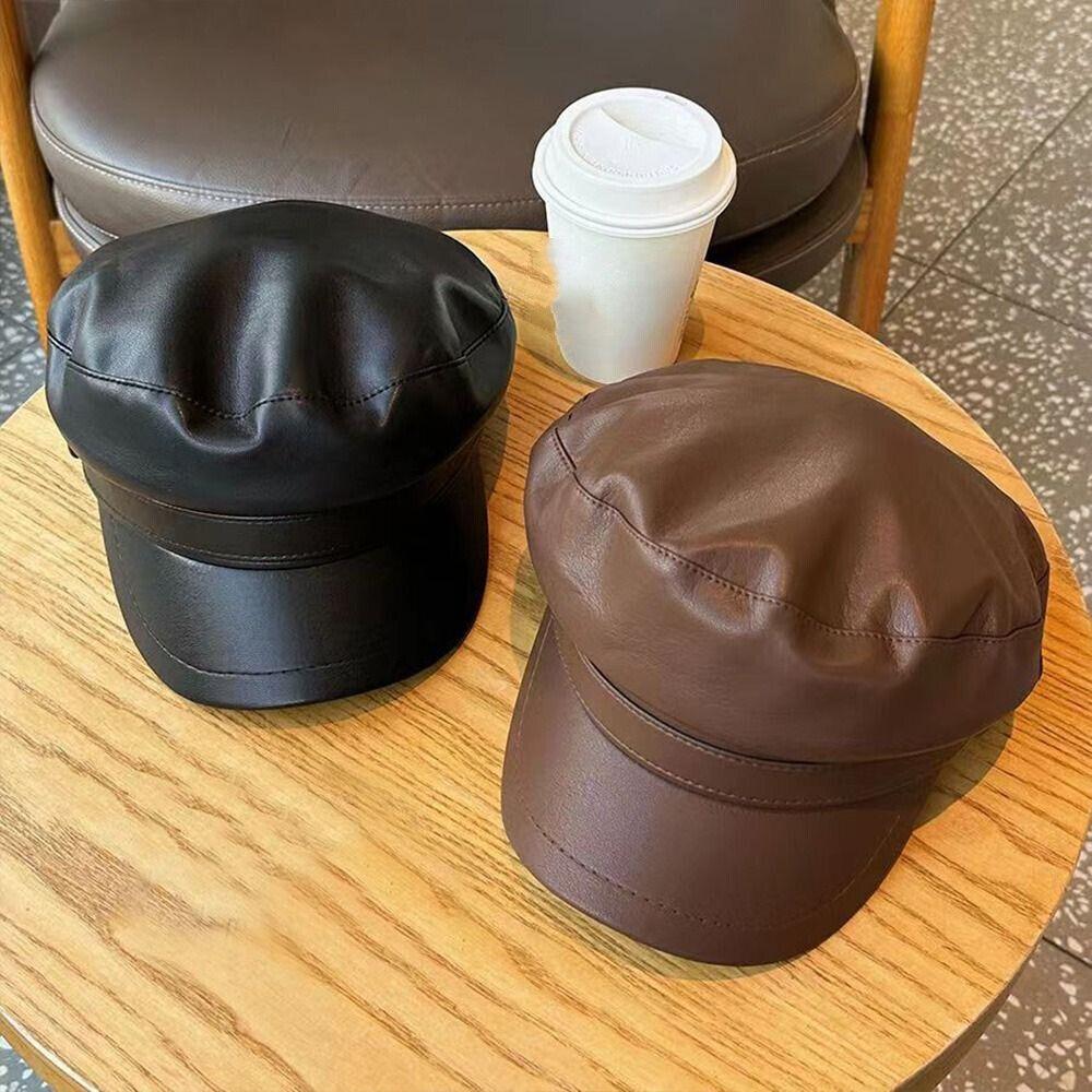 Korean Style Berets PU Leather Sports Cap Fashion Octagon Hat  Women Men