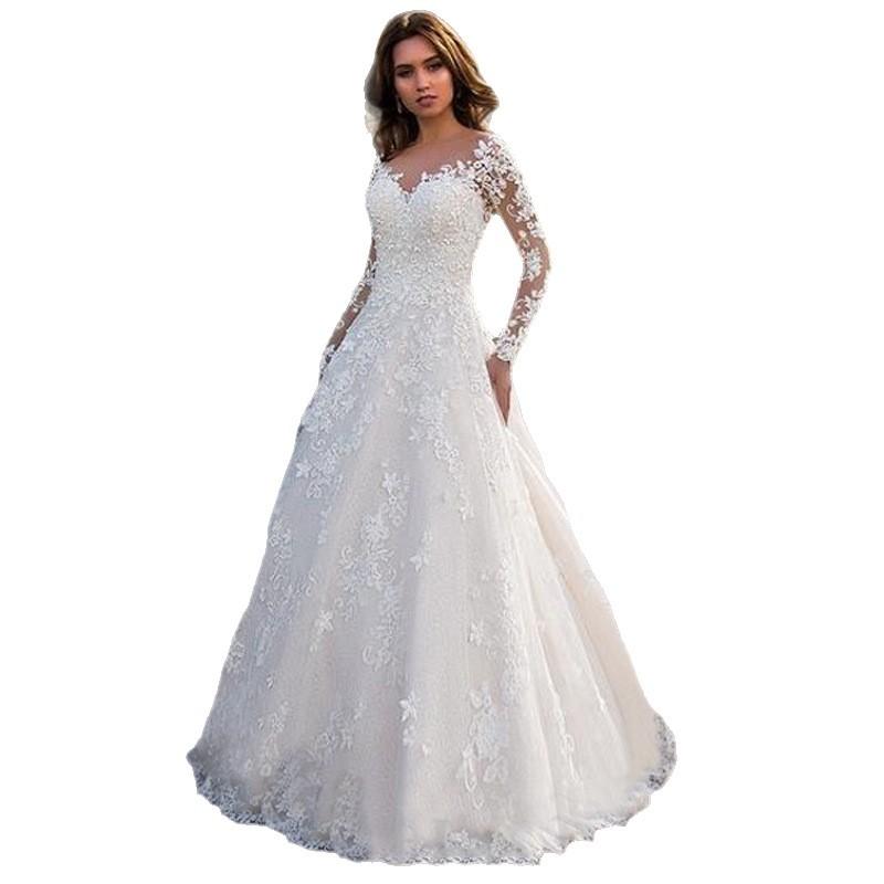 2026 New European and American Women's Clothing Amazon Dress Long Sleeve Solid Color Perspective Lace Bridal Wedding Dress