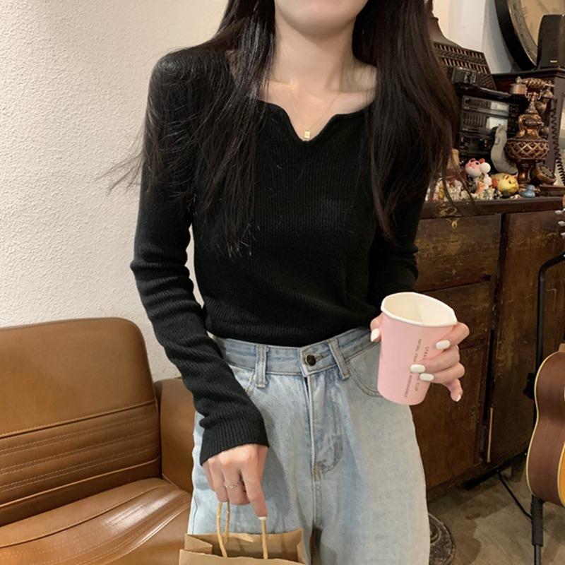 Fashion Square Collar Inner Knitted Pullover Bottoming Sweater Autumn Winter Slim Fit Office Loose Tops Knitwear V Neck Solid Basic Sweet Clothing