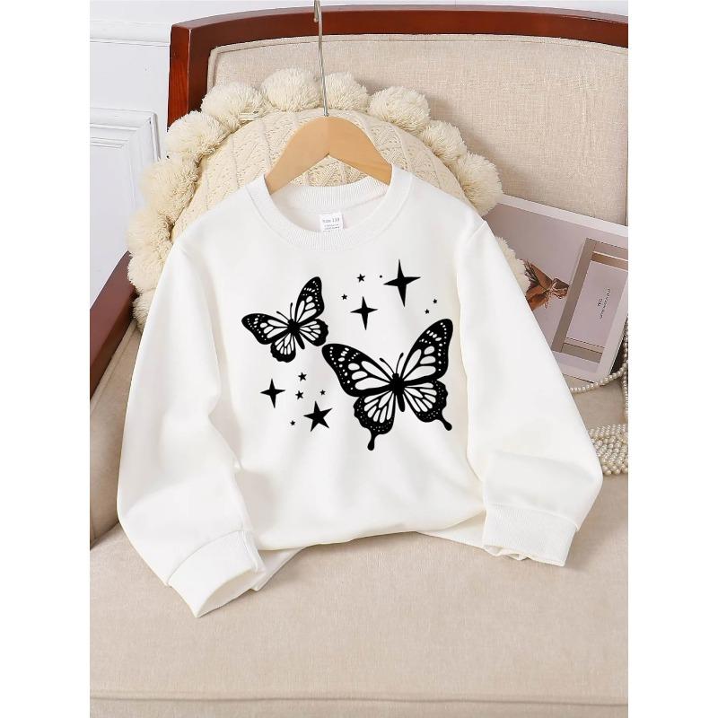 European sizes Stylish Crewneck Sweatshirt for Girls with Butterfly Pattern, Long-Sleeved Casual Top for Young Girls