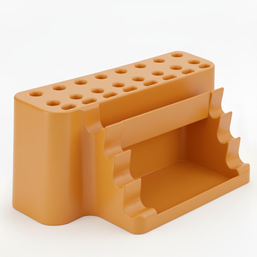 Paint brush organizer, orange stand with tray, 26 places
