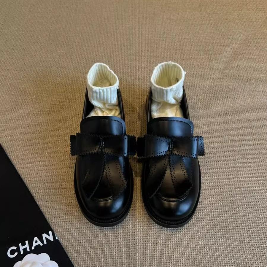 Cowhide version~ Round head bow British style loafers one pedal retro college single shoes low heel small leather shoes women