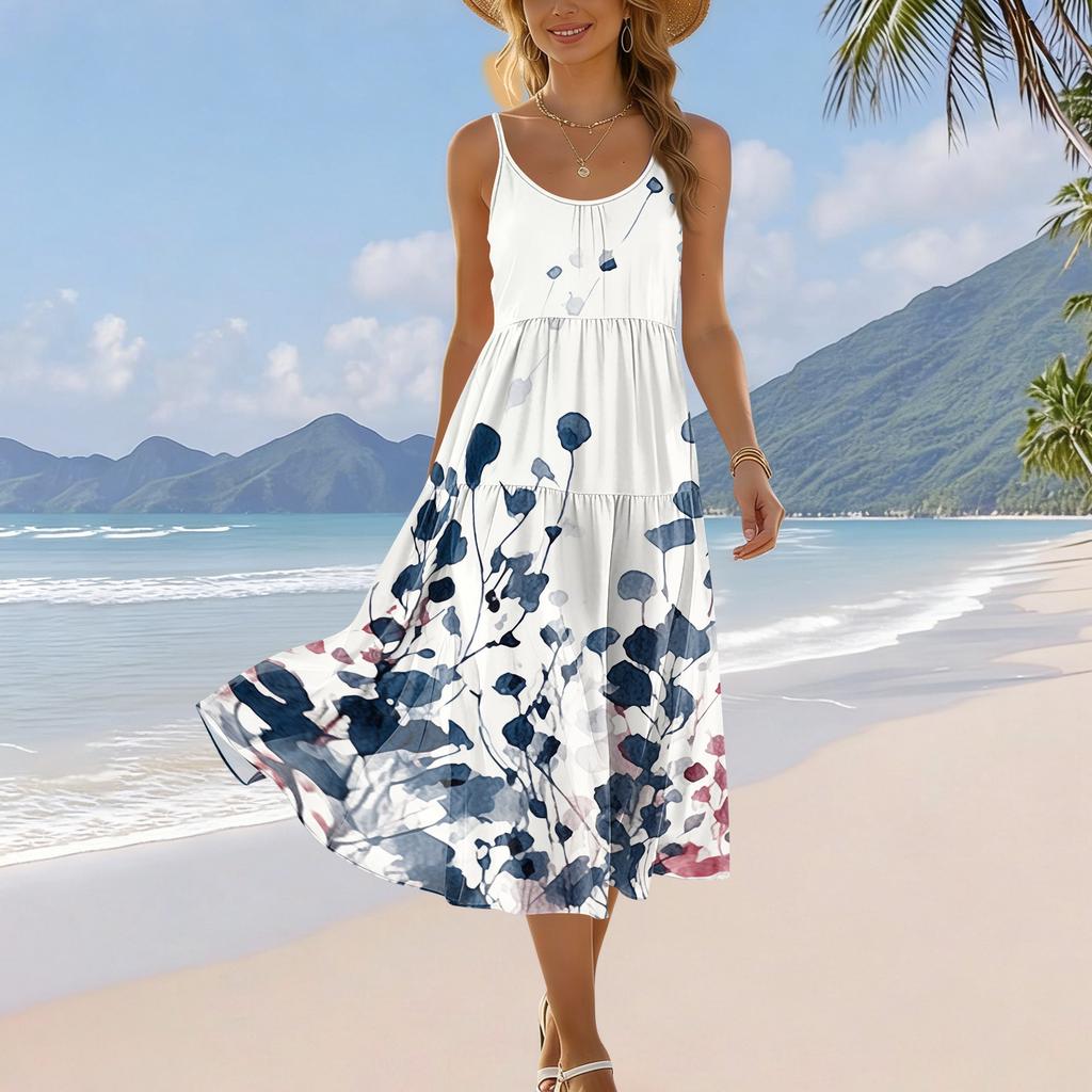 Women’s Summer Floral Print Adjustable Strap Bohemian Casual Beach Holiday Sundress with Pockets Loose Fit Sleeveless Dress