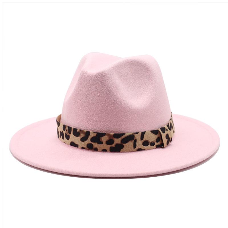 Woolen Top Hat Leopard Print Solid Color Hat Women'S Flat-Brimmed Big-Brimmed Jazz Hat 22 Colors