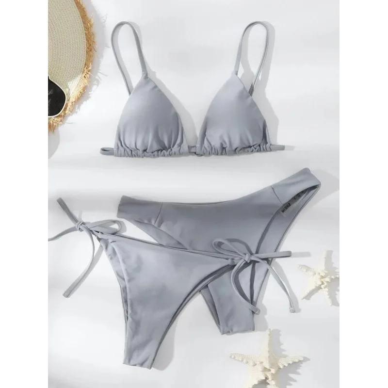 Bikini Sexy 3 Pezzi Donna Monocolore Fascia Divisa Triangolo Costume da Bagno Biquini Brasiliano Femminile Costume da Bagno Estivo per Vacanze in Spiaggia