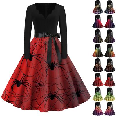 Dámské módní šaty s V-výstřihem, ležérního střihu, slim fit, s halloweenským potiskem, s dlouhým rukávem