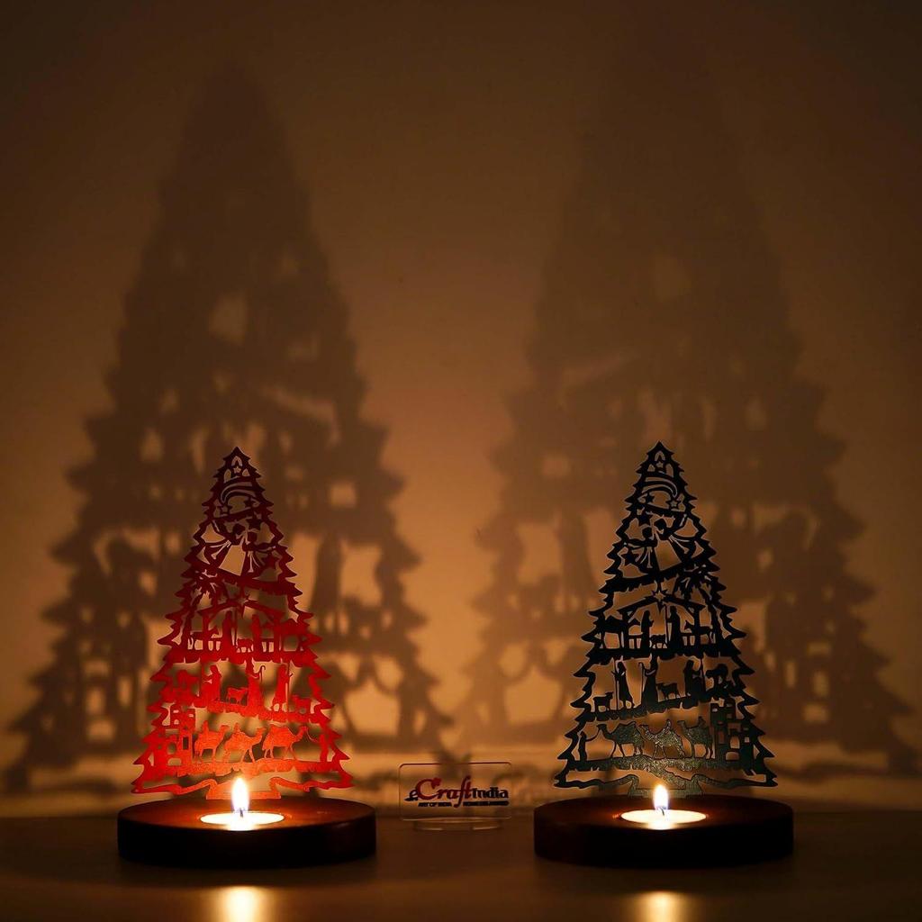 Jesus Krippe Weihnachtsbaum Teelicht Kerzenhalter(Set aus 2 Holz Rot Grün)Teelichthalter|Weihnachtsdekorationsartikel