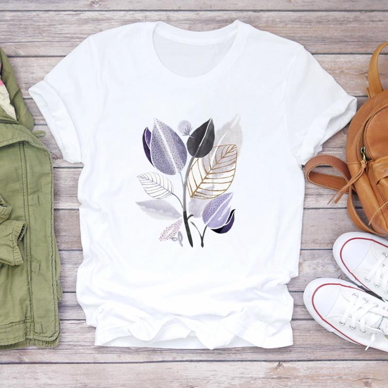 (European Size)90s Women Print Lady Female Plant Sweet Watercolor Style Tee Top Fashion T Shirt Clothing Casual Short Sleeve Graphic T-shirt