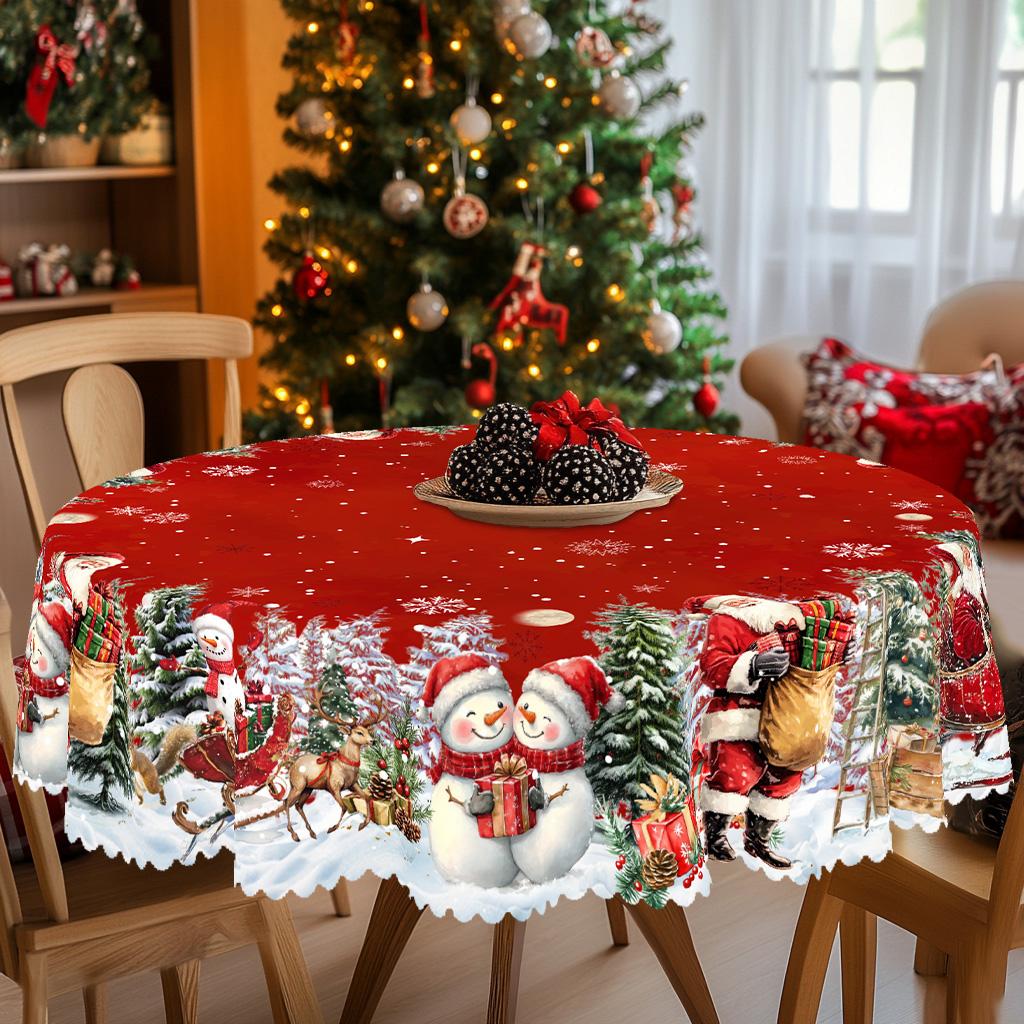Vánoční vintage ubrus na stůl ve stylu farmářského domu s potisky Santa Clause, sobů a vánočního stromečku. Obdélníkové a kulaté velikosti pro vánoční/novoroční večírky, kuchyň, vnitřní &