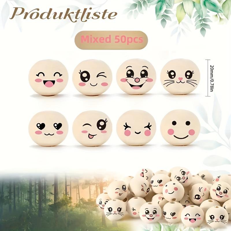 

50 20mm wooden beads with holes - cute cartoon faces and animal designs for DIY crafts, keychains, necklaces, bracelets - includ 50pcs