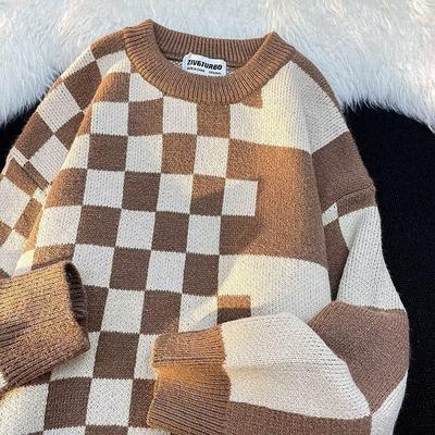 Checkerboard Round Neck Sweater for Men Ins Trendy Loose and Versatile Couple Vintage Casual Versatile Sweater