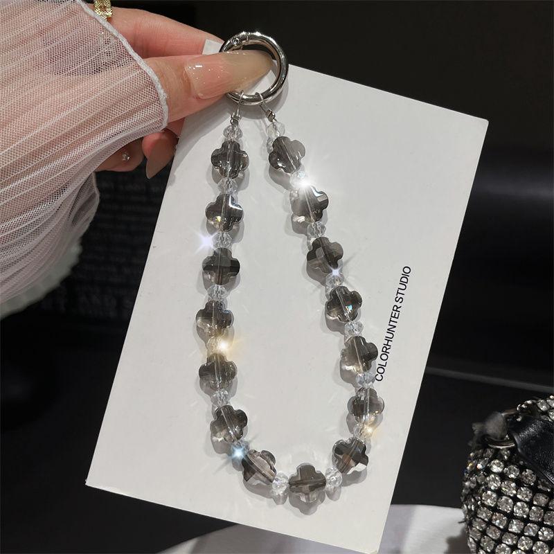 New Small Crystal Clover Bead Phone Chain On The Phone Short Wrist Rope Clip Outdoor Loss Prevention Pendant for All Phone Cases