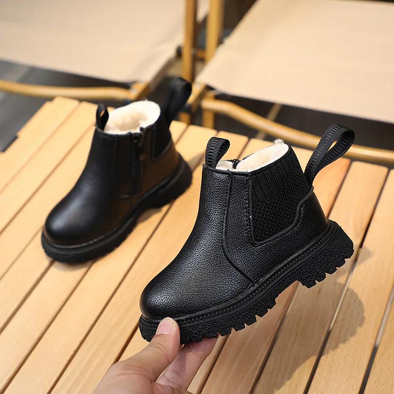 Winter Boots Kids Boys Girls Short Boots Black Beige Brown Velvet Chelsea Boots for Toddlers Nice Children Platform Shoes I07088