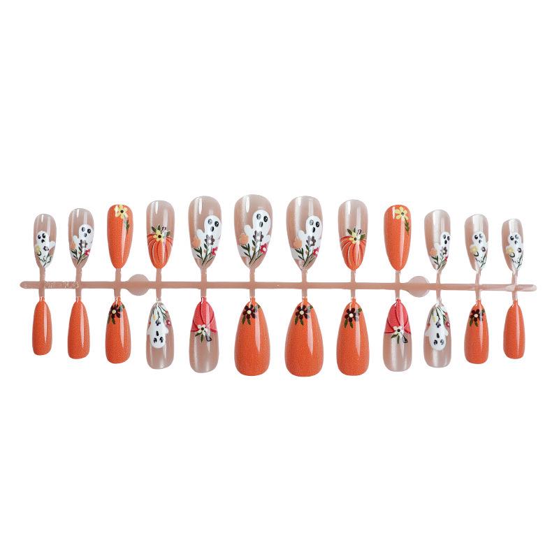 24-Piece Autumn & Halloween Cat Eye Nail Tips with Pumpkin, Ghost, and Floral Designs