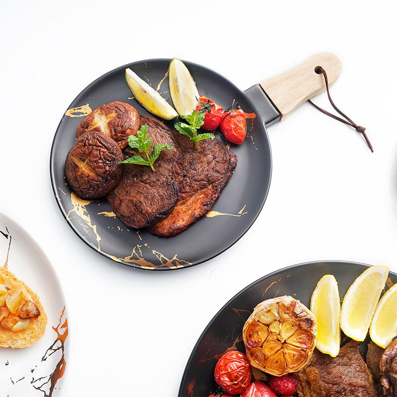 marbled ceramic plate with wooden handle, creative cutlery handle, western plate, steak and dim sum plate, high-end sense