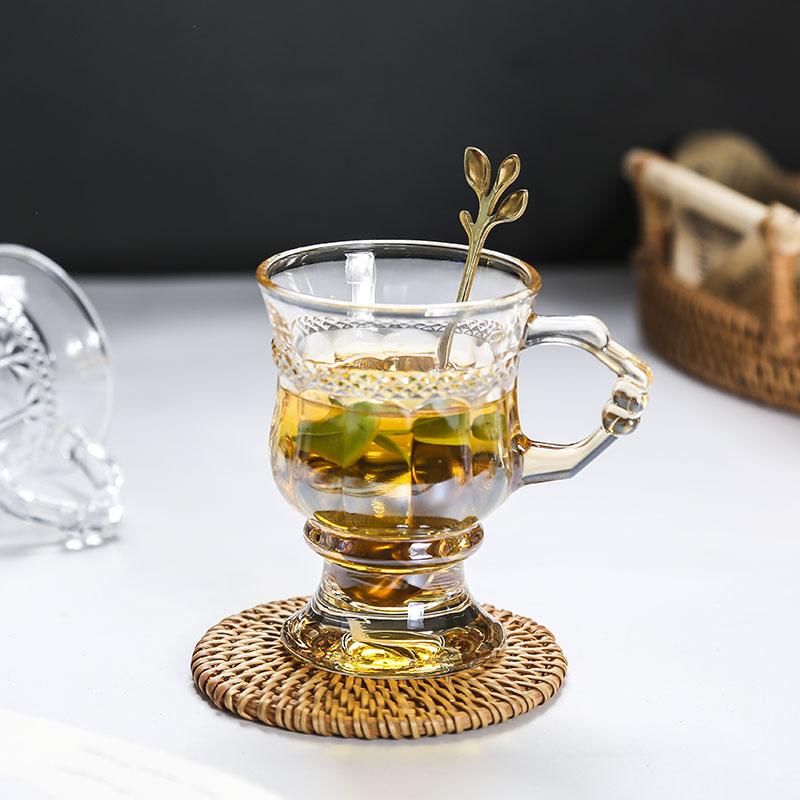 Vintage Embossed Glass Cup Good-looking Girly Heart Water Cups High-Legged Latte Coffee Mug with Handle Afternoon Tea Shot