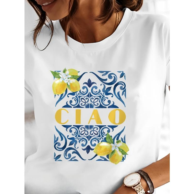 European sizes Lemon Pattern Print, Round Neck Women'S Short Sleeve T-Shirt, Easy Summer Base Shirt Graphic Print