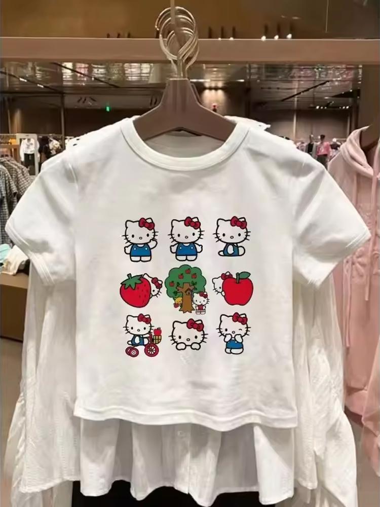 2026 New Summer Collection Hello Kitty Cartoon Kids' Fashion T-Shirt Pure Cotton Printed Cute Short Sleeve Tops