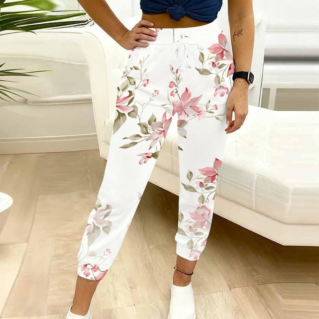 Yazlık Kadın Çiçek Baskılı Eşofman Altı Bol Kesim Büzgülü Jogger Pantolon Elastik Manşetli Günlük Rahat Pantolon