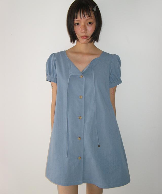 Ronron Charming Puff Sleeve Button Dress Soft Blue