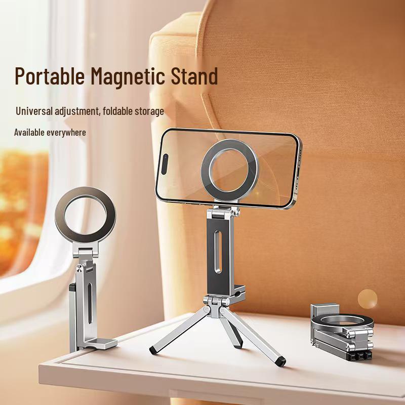 Foldable MagSafe Magnetic Alloy Phone Holder & Portable Tripod Stand for Travel and Live Streaming