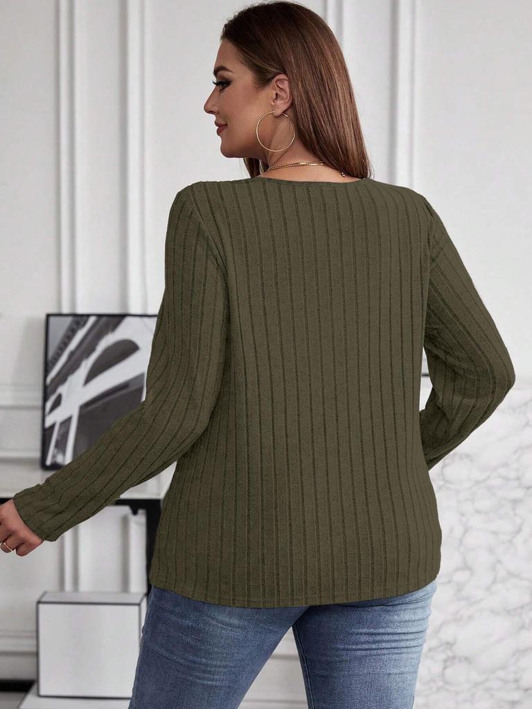 2025 Autumn/Winter Plus Size Solid Color V-Neck Long Sleeve Ribbed Pullover T-shirt