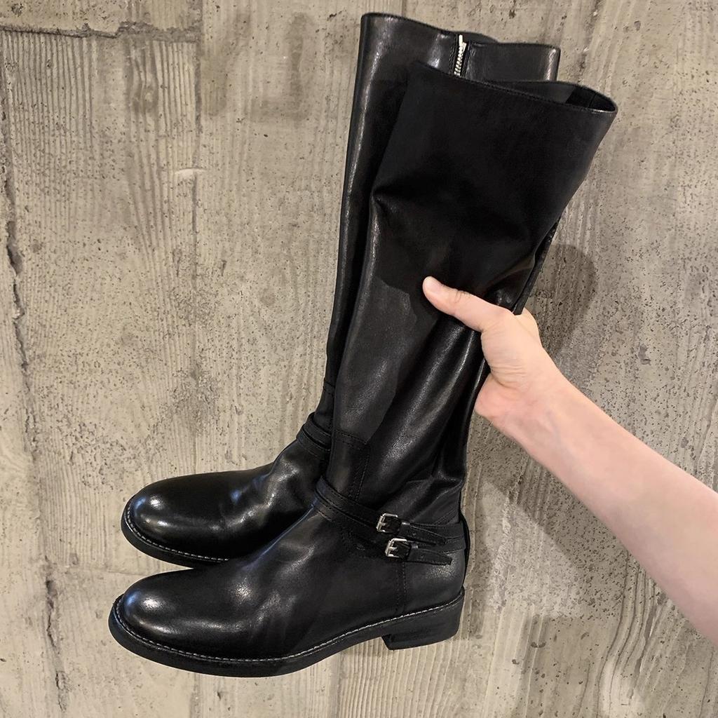 Cowhide~ Grape Mom Same Retro Boots Women's Double Buckle Belt But Knee Boots Side Zipper Thick Heel Knight Boots