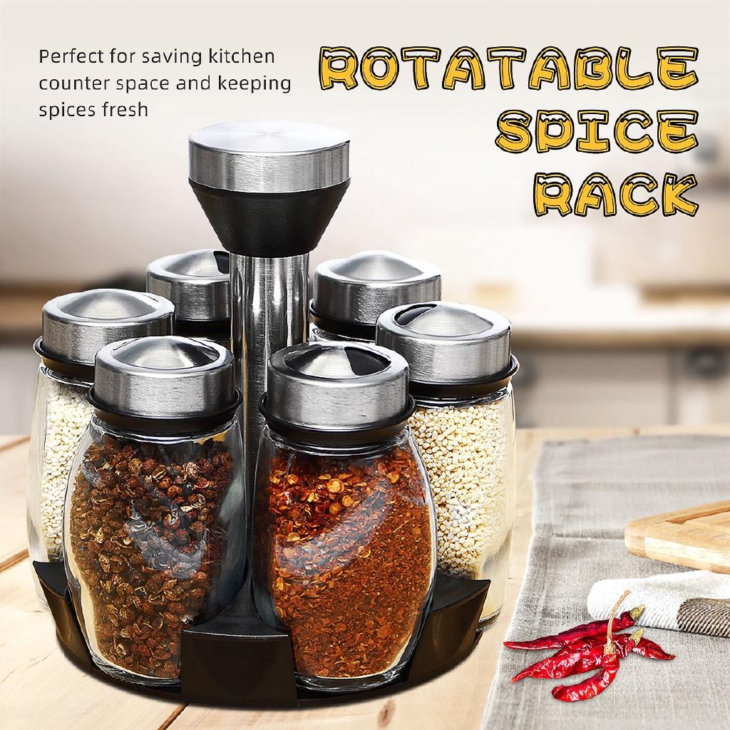 

Kitchen 6 Bottles Rotating Spice Seasoning Storage Rack Stand Holder Pepper Salt Shakers Shelf Condiment Sprays Box Organizer
