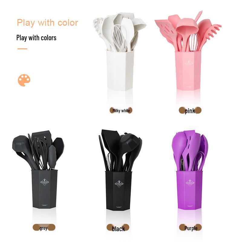 12-Piece Silicone Kitchenware Set with Wooden Handles: Non-Stick Cooking Tools with Shovel, Spoon, and Soup Spoon in Storage Bucket.