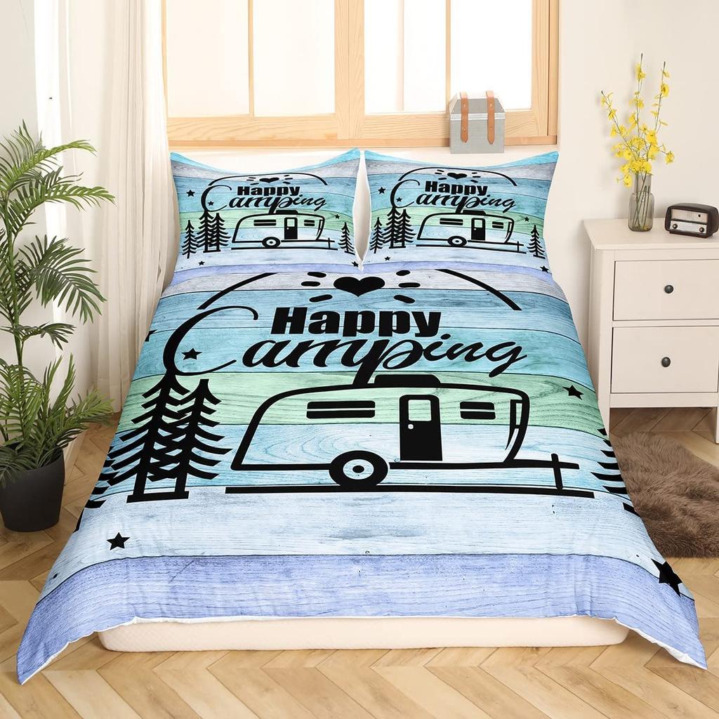 Happy Camping Comforter Cover King, Summer Camping Decoration Bedding For Boy Teens Family, Beach Vacation Style Duvet Cover Set