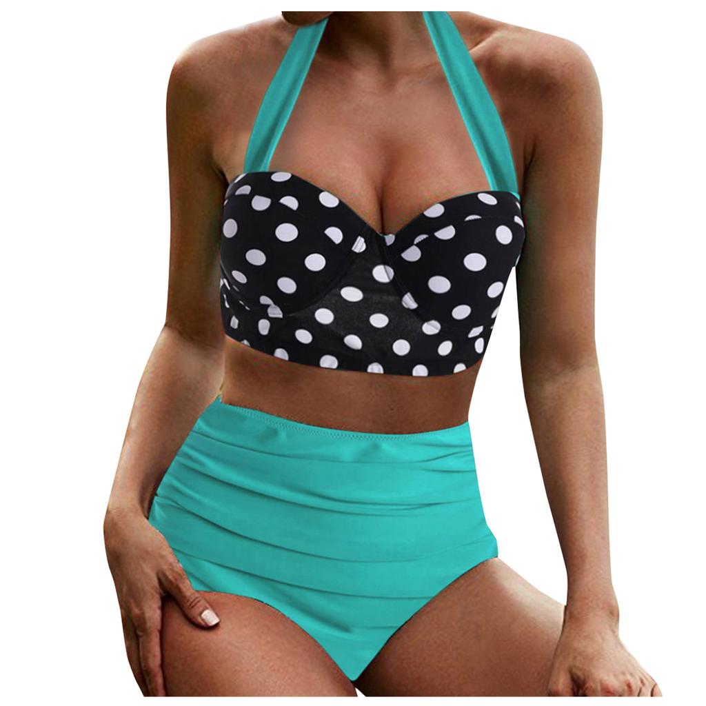 Women's Summer Fashion Casual Polka Dot Print High Waist Split Two-piece Suit  Bikini Swimsuit