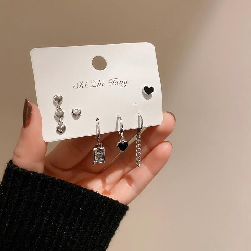 LATS Vintage Copper Color Tassel Chain Love Heart Earrings Set Irregular Geometric Cherry Hoop Earrings for Women Zircon Gifts